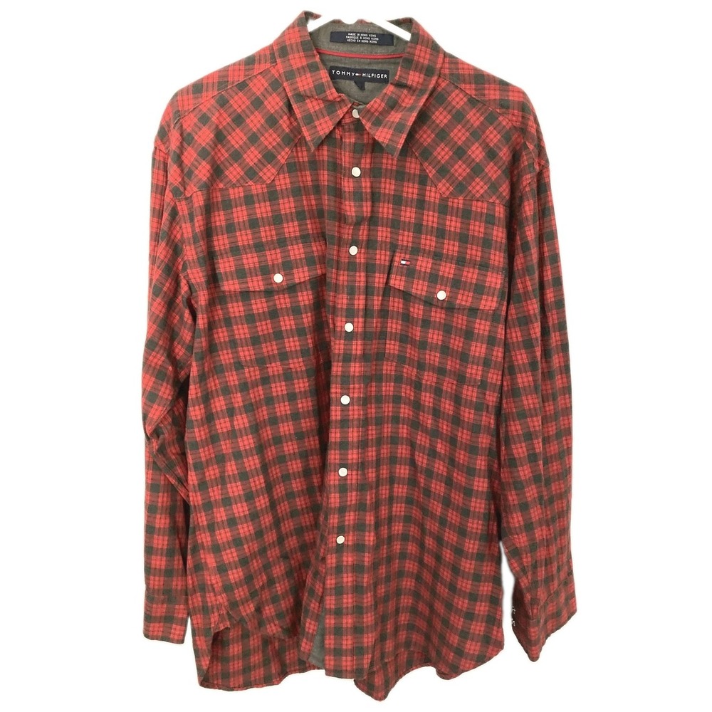 Vtg Tommy Hilfiger Shirt Men L Buffalo Plaid Flannel Western Pearl Snap Wool/Cot